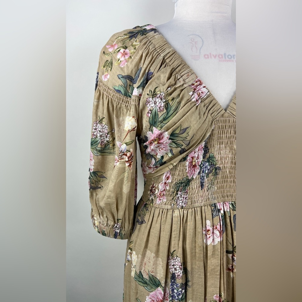 💚 3150. Empire Floral Tan Maxi Dress - Picture 4 of 9